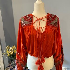 Free People Orange Velvet Beaded Top